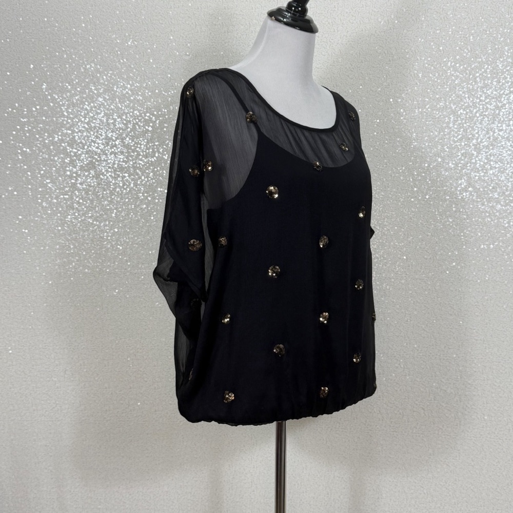 Nine West Black Sheer Chiffon Blouse Gold Sequin Overlay | Dolman Sleeve - Picture 10 of 11